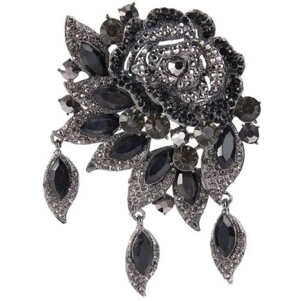 Large Black and Gray Austrian Crystal Rose Flower Leaf Brooch Pendant Pin